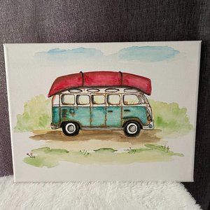 Watercolor Rusty vintage van painting on canvas